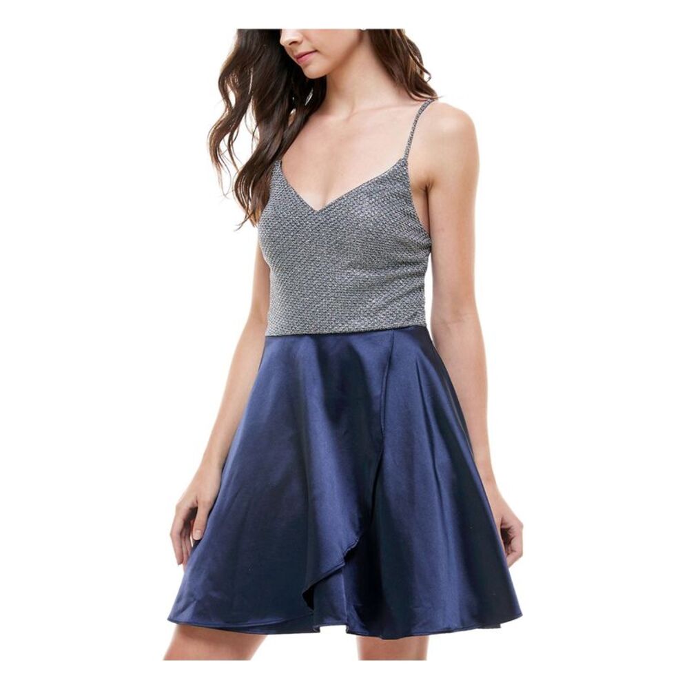 CITY STUDIO Womens Mini Dress Navy Spaghetti Strap Satin Strappy Juniors 13